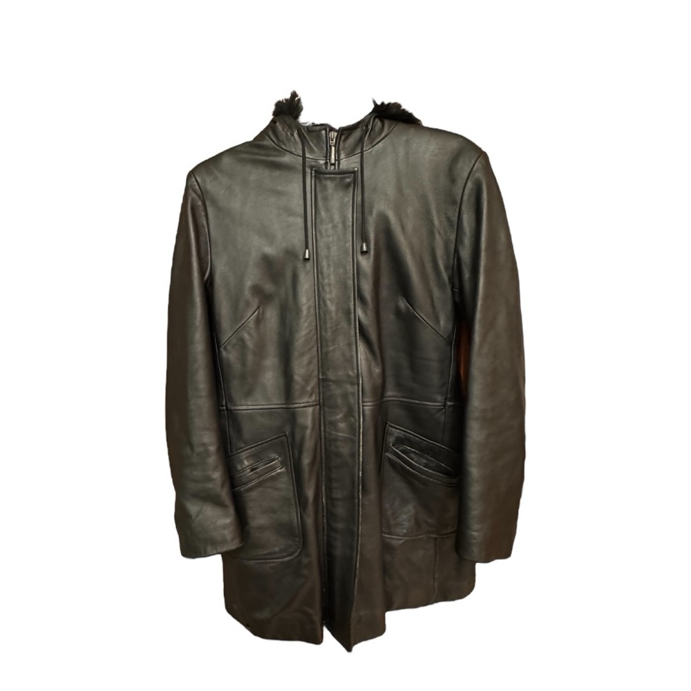 🆕 VINTAGE LAMBSKIN LEATHER JACKET WITH FUR TRIMMED HOOD, Lined, zip up